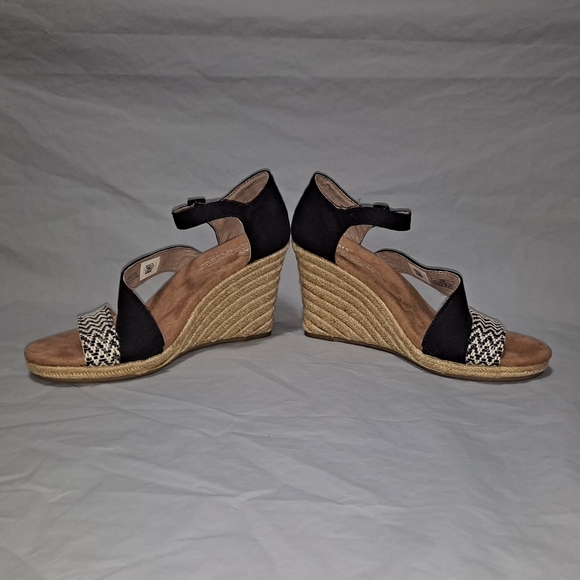 TOMS Clarissa Wedge Sandals Women's 6.5 Black/Tan/White w/ 3.5 inch Rope Heels - Picture 9 of 12